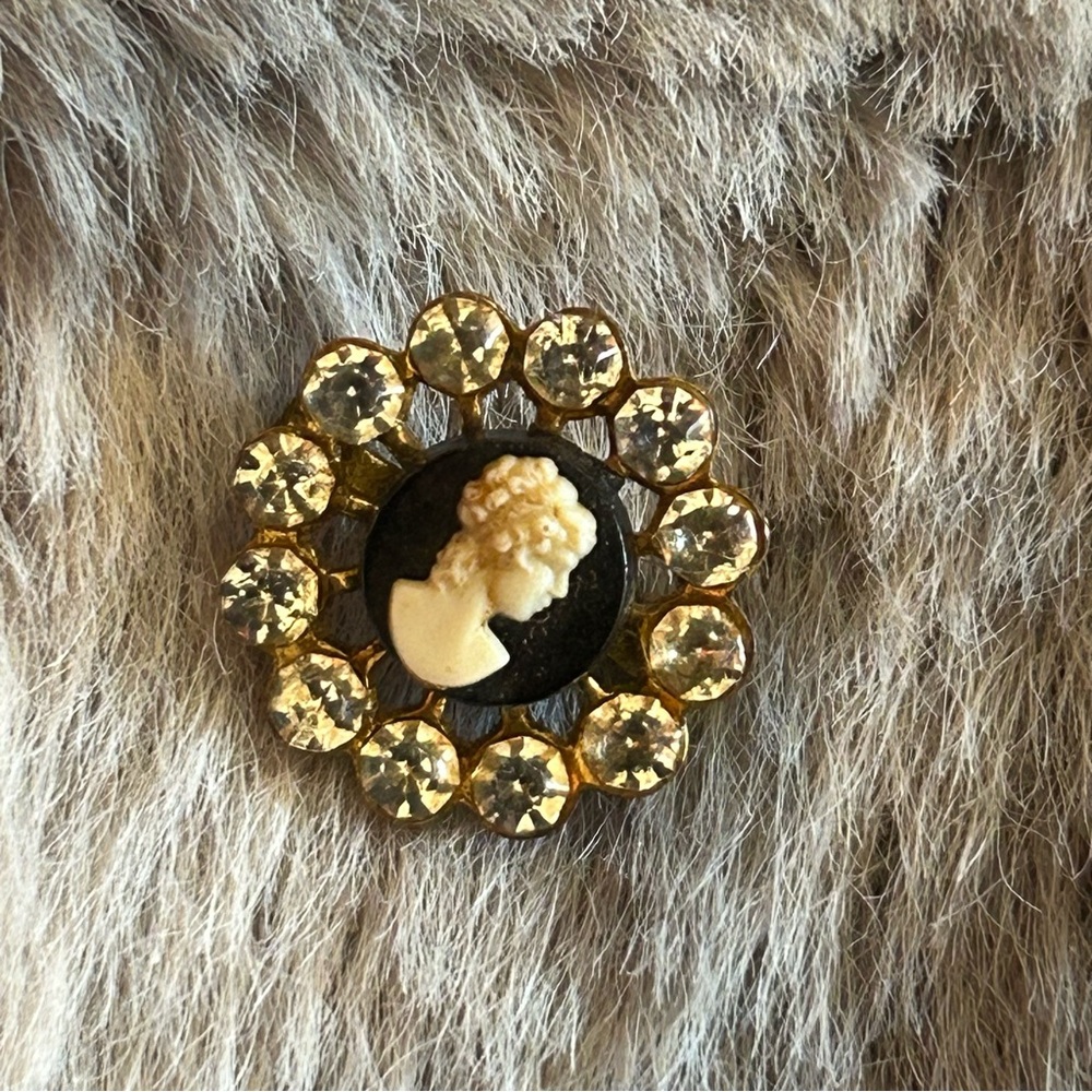Vintage mini black and white celluloid cameo rhinestone halo brooch pin